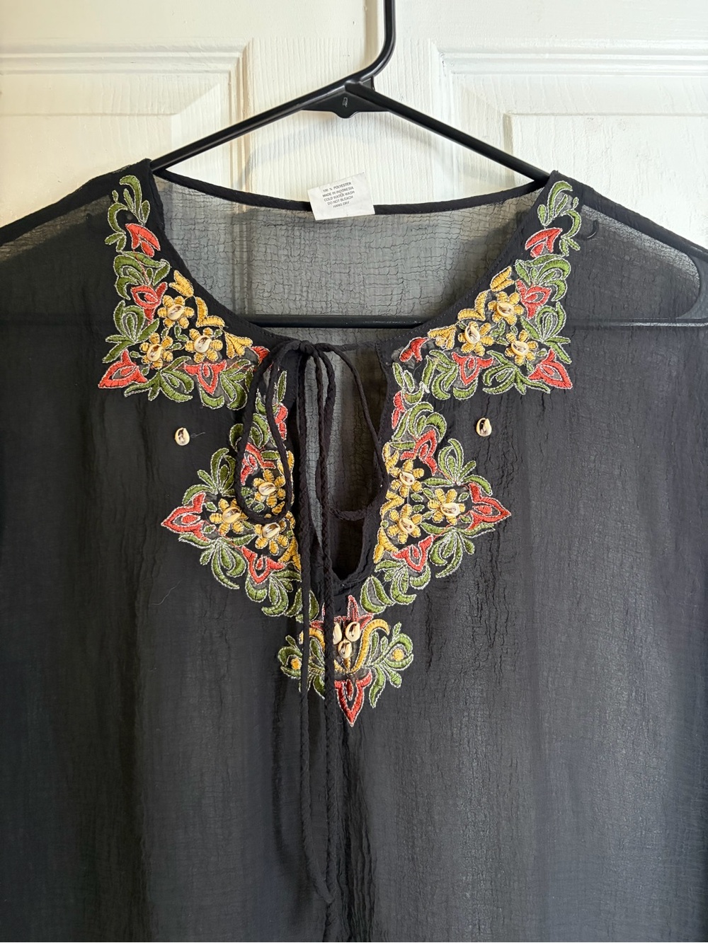 Black Embroidered Tie-Front Tunic with Multicolor Floral Accents Vintage